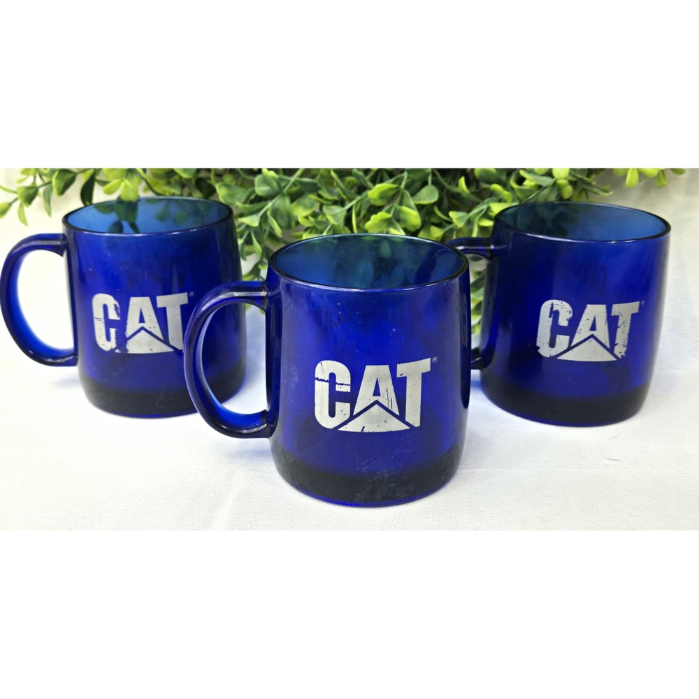 Lot of 3 Vintage Caterpillar Cobalt Blue Glass Coffee Mugs CAT Machines USA Made